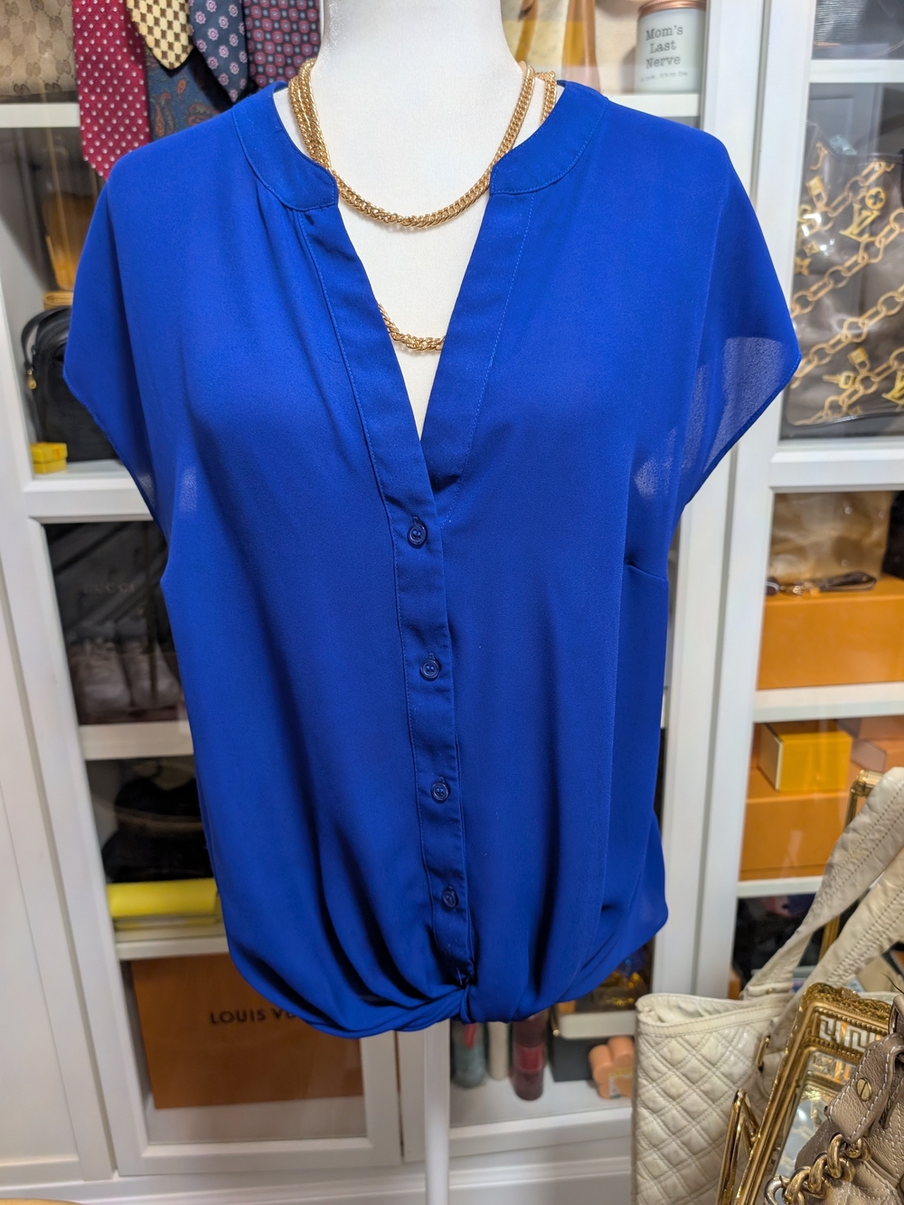 INC International Concepts Royal Blue V-Neck Button Front Blouse